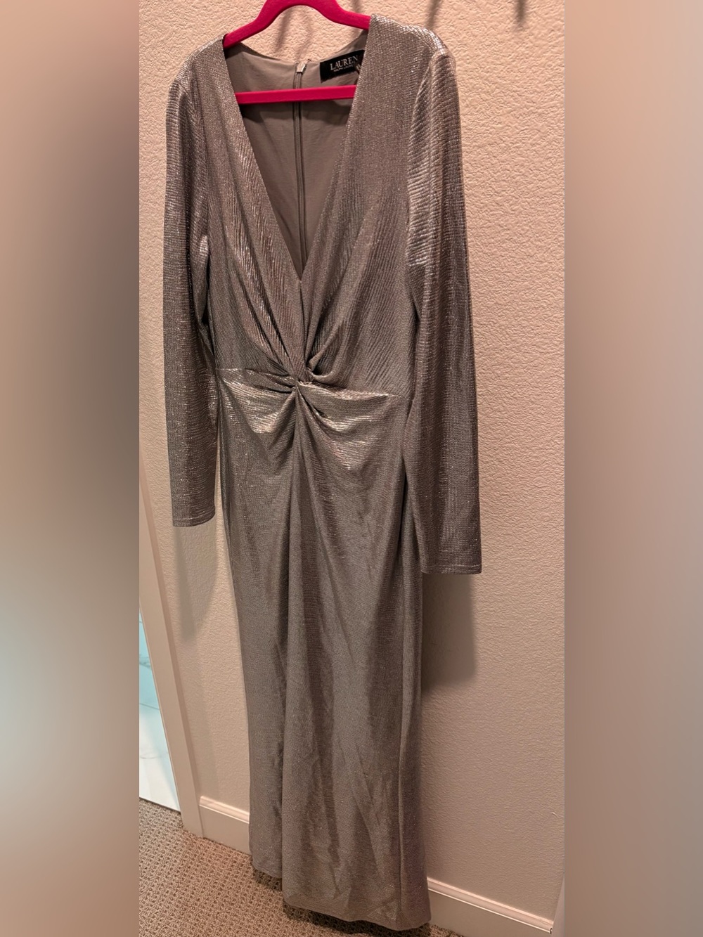 Ralph Lauren Silver Metallic Twist-Front Long Sleeve Dress